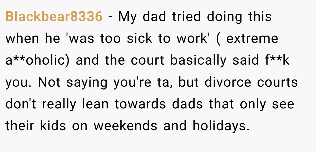 Blackbear8336 − My dad tried doing this when he 'was too sick to work' ( extreme a**oholic) and the court basically said f**k you. Not saying you're ta, but divorce courts don't really lean towards dads that only see their kids on weekends and holidays.