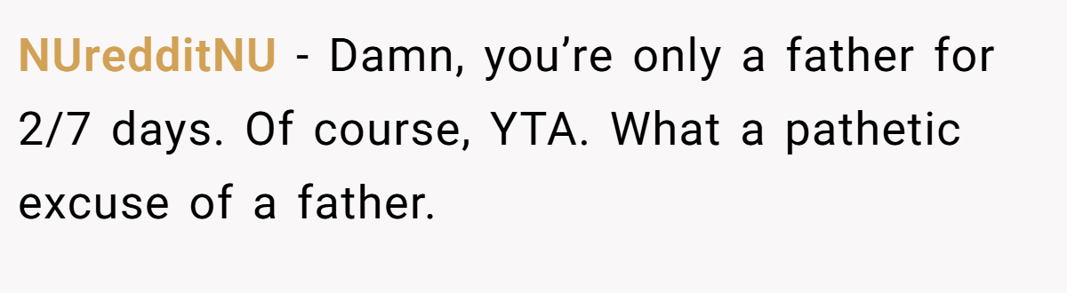 NUredditNU − Damn, you’re only a father for 2/7 days. Of course, YTA. What a pathetic excuse of a father.