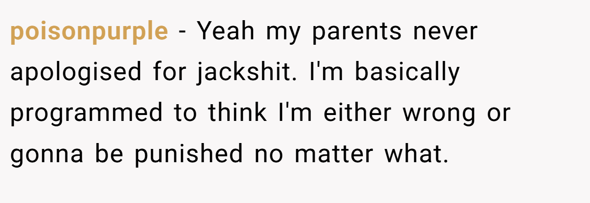 poisonpurple − Yeah my parents never apologised for jackshit. I'm basically programmed to think I'm either wrong or gonna be punished no matter what.