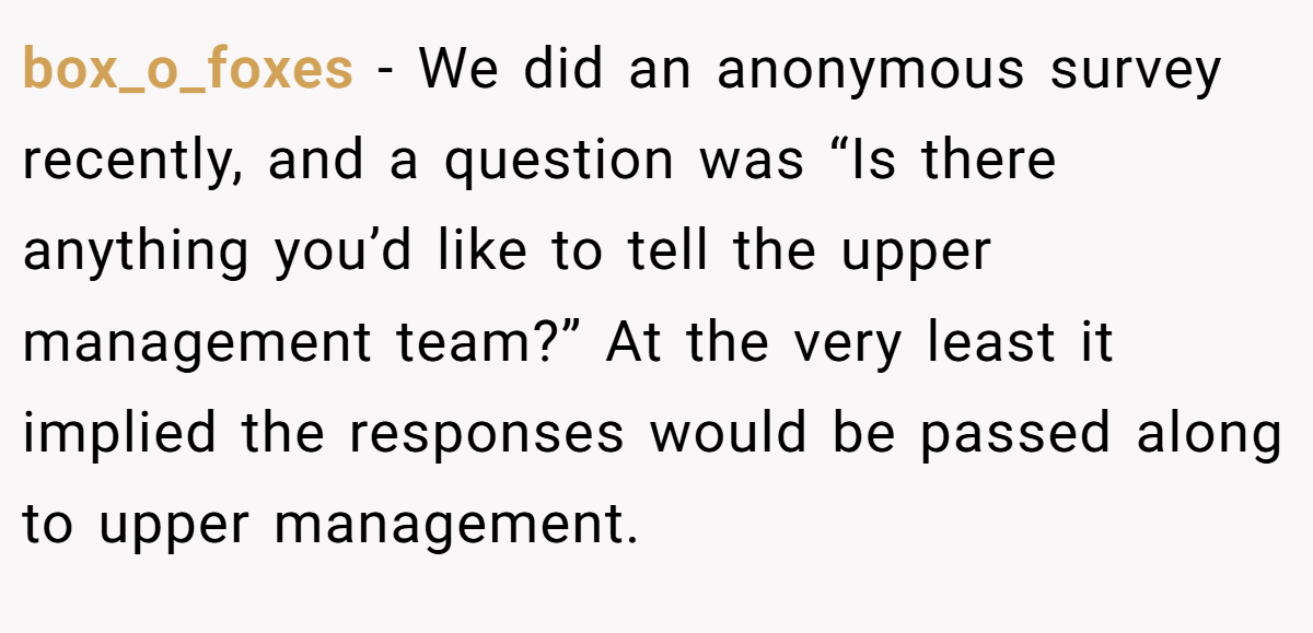 box_o_foxes − We did an anonymous survey recently, and a question was “Is there anything you’d like to tell the upper management team?” At the very least it implied the responses would be passed along to upper management.