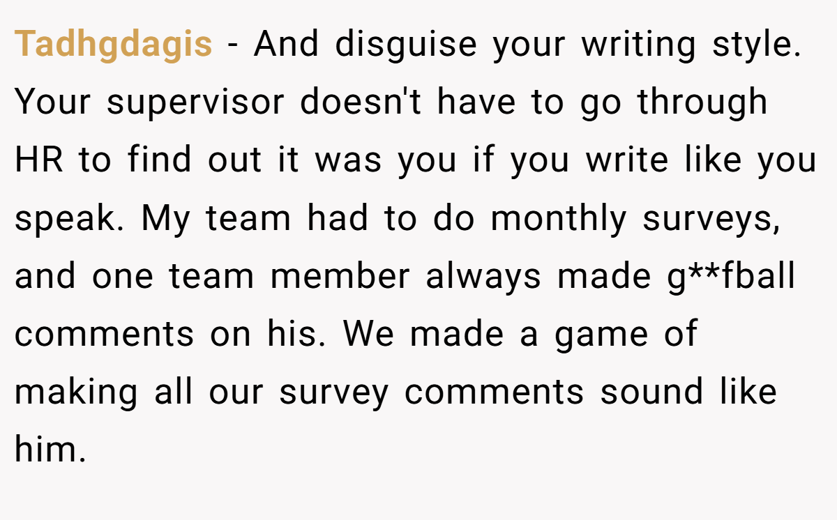 Tadhgdagis − And disguise your writing style. Your supervisor doesn't have to go through HR to find out it was you if you write like you speak. My team had to do monthly surveys, and one team member always made g**fball comments on his. We made a game of making all our survey comments sound like him.
