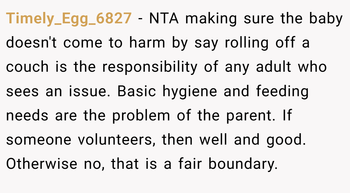 Timely_Egg_6827 − NTA making sure the baby doesn't come to harm by say rolling off a couch is the responsibility of any adult who sees an issue. Basic hygiene and feeding needs are the problem of the parent. If someone volunteers, then well and good. Otherwise no, that is a fair boundary.