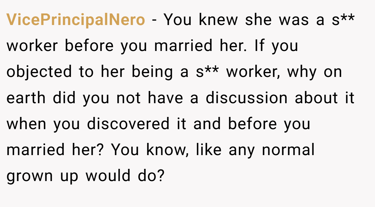 VicePrincipalNero − You knew she was a s** worker before you married her. If you objected to her being a s** worker, why on earth did you not have a discussion about it when you discovered it and before you married her? You know, like any normal grown up would do?
