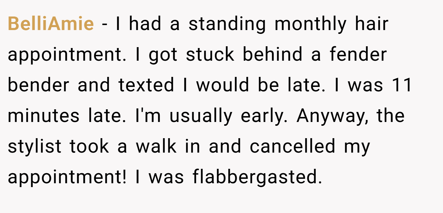 BelliAmie − I had a standing monthly hair appointment. I got stuck behind a fender bender and texted I would be late. I was 11 minutes late. I'm usually early. Anyway, the stylist took a walk in and cancelled my appointment! I was flabbergasted.