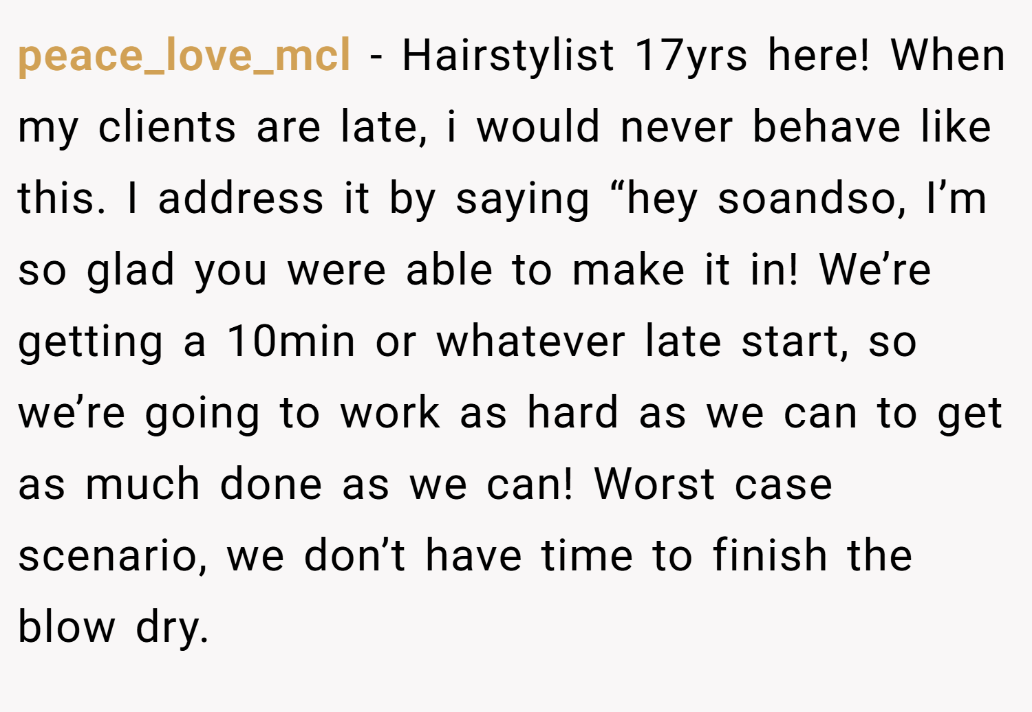 peace_love_mcl − Hairstylist 17yrs here! When my clients are late, i would never behave like this. I address it by saying “hey soandso, I’m so glad you were able to make it in! We’re getting a 10min or whatever late start, so we’re going to work as hard as we can to get as much done as we can! Worst case scenario, we don’t have time to finish the blow dry.