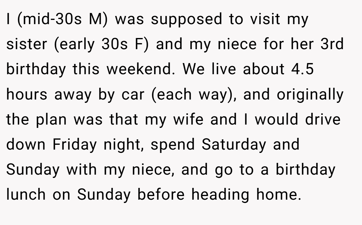 I (mid-30s M) was supposed to visit my sister (early 30s F) and my niece for her 3rd birthday this weekend. We live about 4.5 hours away by car (each way), and originally the plan was that my wife and I would drive down Friday night, spend Saturday and Sunday with my niece, and go to a birthday lunch on Sunday before heading home.