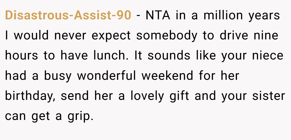 Disastrous-Assist-90 − NTA in a million years I would never expect somebody to drive nine hours to have lunch. It sounds like your niece had a busy wonderful weekend for her birthday, send her a lovely gift and your sister can get a grip.