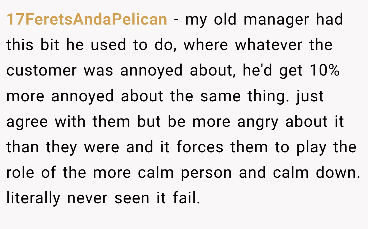 17FeretsAndaPelican − my old manager had this bit he used to do, where whatever the customer was annoyed about, he'd get 10% more annoyed about the same thing. just agree with them but be more angry about it than they were and it forces them to play the role of the more calm person and calm down. literally never seen it fail.