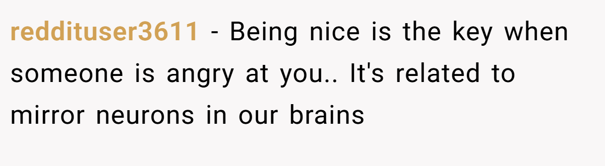 reddituser3611 − Being nice is the key when someone is angry at you.. It's related to mirror neurons in our brains