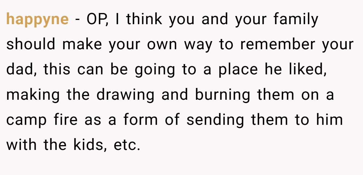 happyne − OP, I think you and your family should make your own way to remember your dad, this can be going to a place he liked, making the drawing and burning them on a camp fire as a form of sending them to him with the kids, etc.