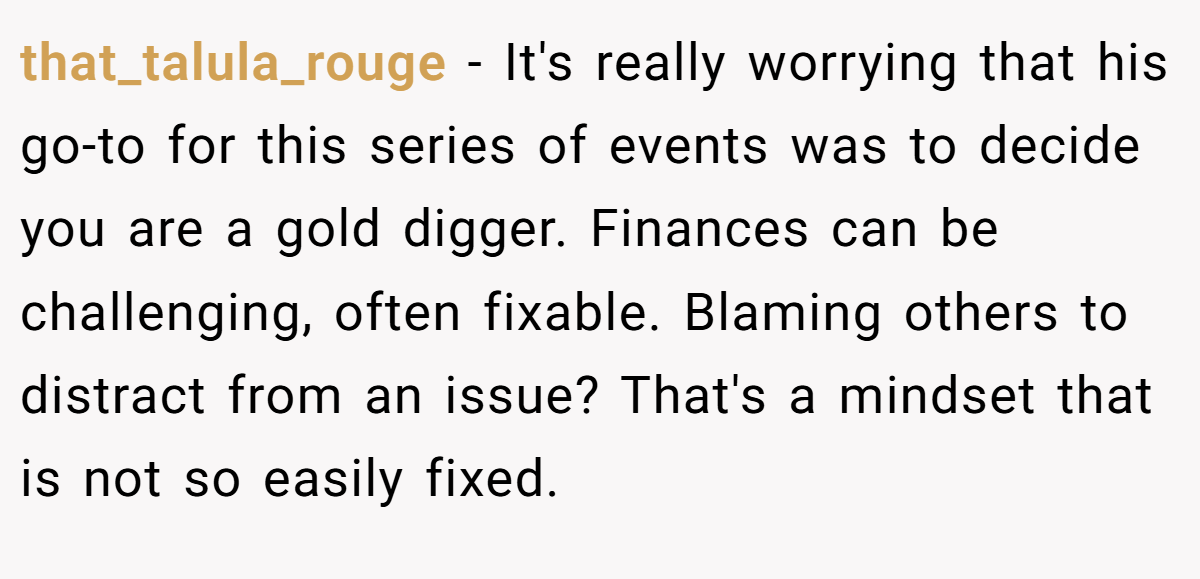 that_talula_rouge − It's really worrying that his go-to for this series of events was to decide you are a gold digger. Finances can be challenging, often fixable. Blaming others to distract from an issue? That's a mindset that is not so easily fixed.