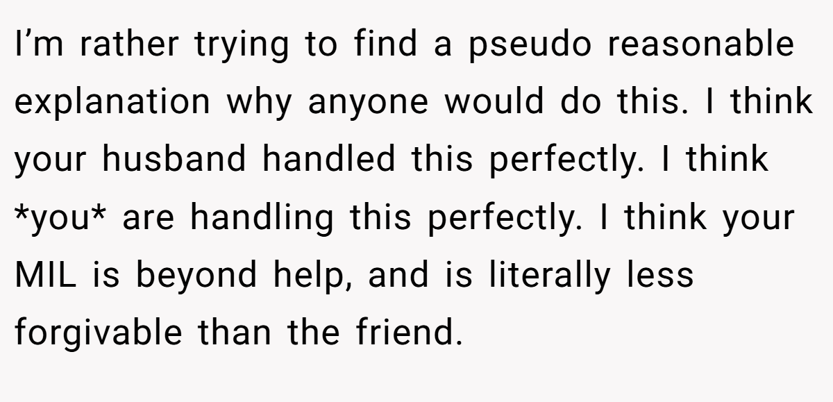 I’m rather trying to find a pseudo reasonable explanation why anyone would do this. I think your husband handled this perfectly. I think *you* are handling this perfectly. I think your MIL is beyond help, and is literally less forgivable than the friend.
