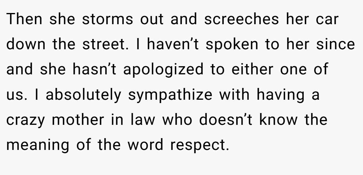 Then she storms out and screeches her car down the street. I haven’t spoken to her since and she hasn’t apologized to either one of us. I absolutely sympathize with having a crazy mother in law who doesn’t know the meaning of the word respect.