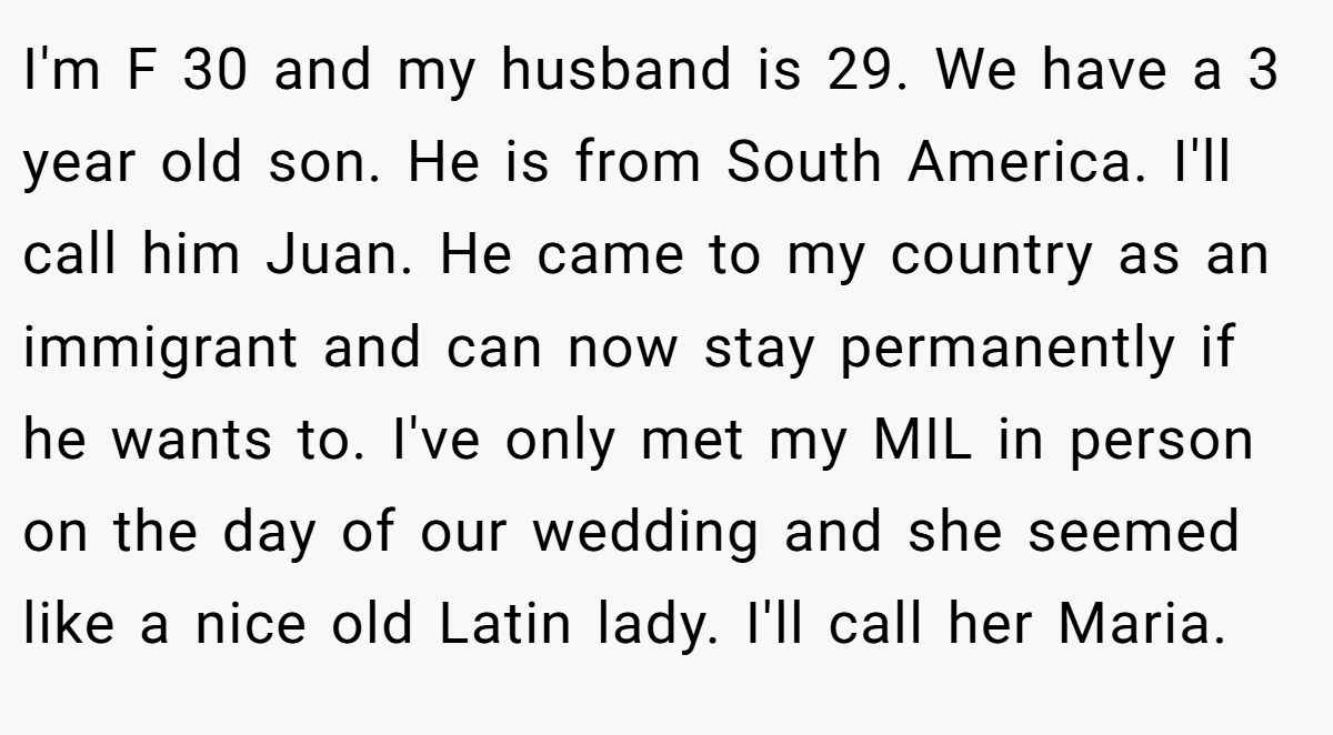 I'm F 30 and my husband is 29. We have a 3 year old son. He is from South America. I'll call him Juan. He came to my country as an immigrant and can now stay permanently if he wants to. I've only met my MIL in person on the day of our wedding and she seemed like a nice old Latin lady. I'll call her Maria.
