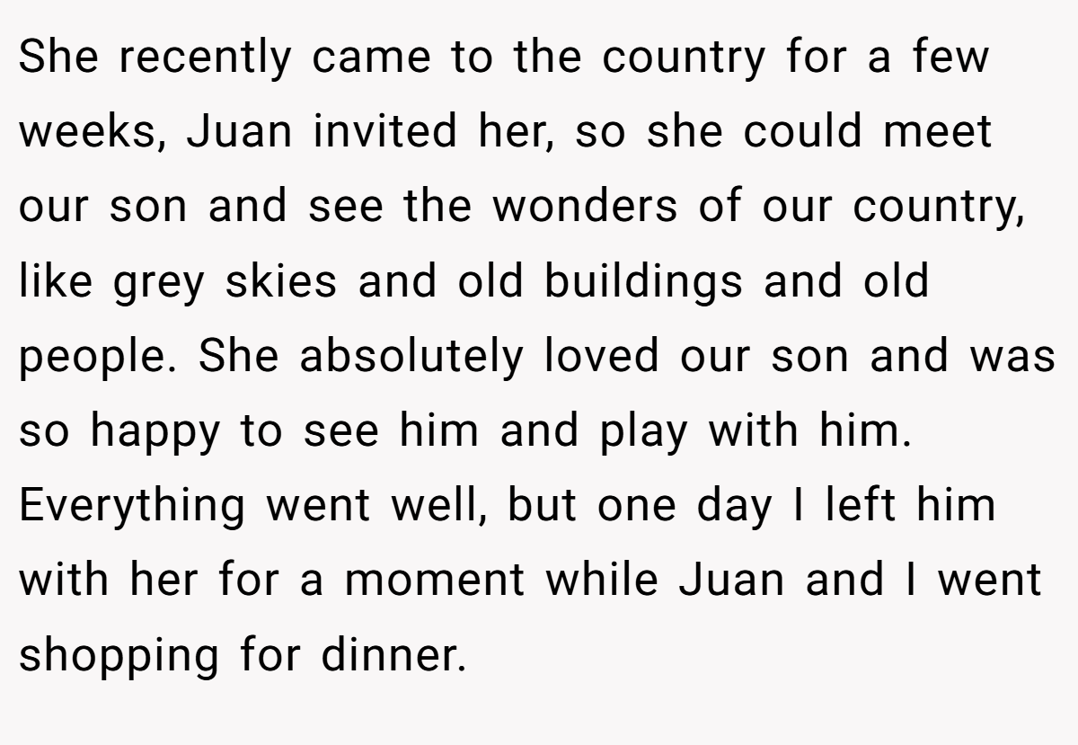 She recently came to the country for a few weeks, Juan invited her, so she could meet our son and see the wonders of our country, like grey skies and old buildings and old people. She absolutely loved our son and was so happy to see him and play with him. Everything went well, but one day I left him with her for a moment while Juan and I went shopping for dinner.