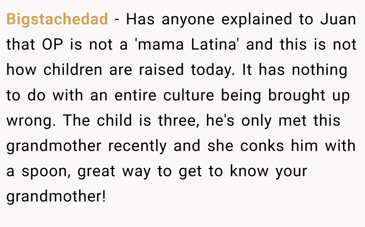 Bigstachedad − Has anyone explained to Juan that OP is not a 'mama Latina' and this is not how children are raised today. It has nothing to do with an entire culture being brought up wrong. The child is three, he's only met this grandmother recently and she conks him with a spoon, great way to get to know your grandmother!