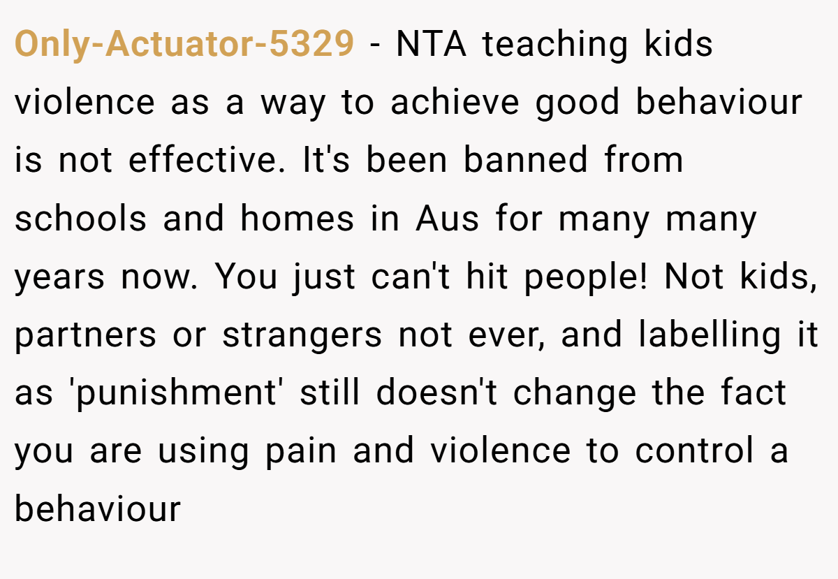 Only-Actuator-5329 − NTA teaching kids violence as a way to achieve good behaviour is not effective. It's been banned from schools and homes in Aus for many many years now. You just can't hit people! Not kids, partners or strangers not ever, and labelling it as 'punishment' still doesn't change the fact you are using pain and violence to control a behaviour