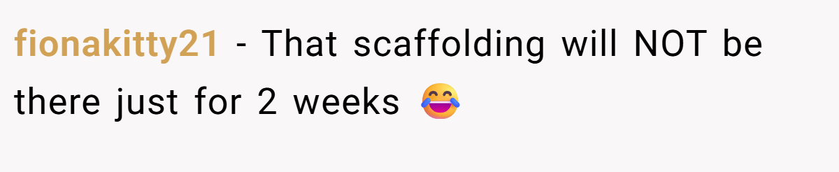 fionakitty21 − That scaffolding will NOT be there just for 2 weeks 😂