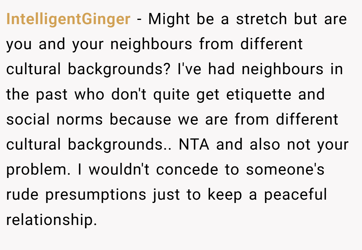 IntelligentGinger − Might be a stretch but are you and your neighbours from different cultural backgrounds? I've had neighbours in the past who don't quite get etiquette and social norms because we are from different cultural backgrounds.. NTA and also not your problem. I wouldn't concede to someone's rude presumptions just to keep a peaceful relationship.