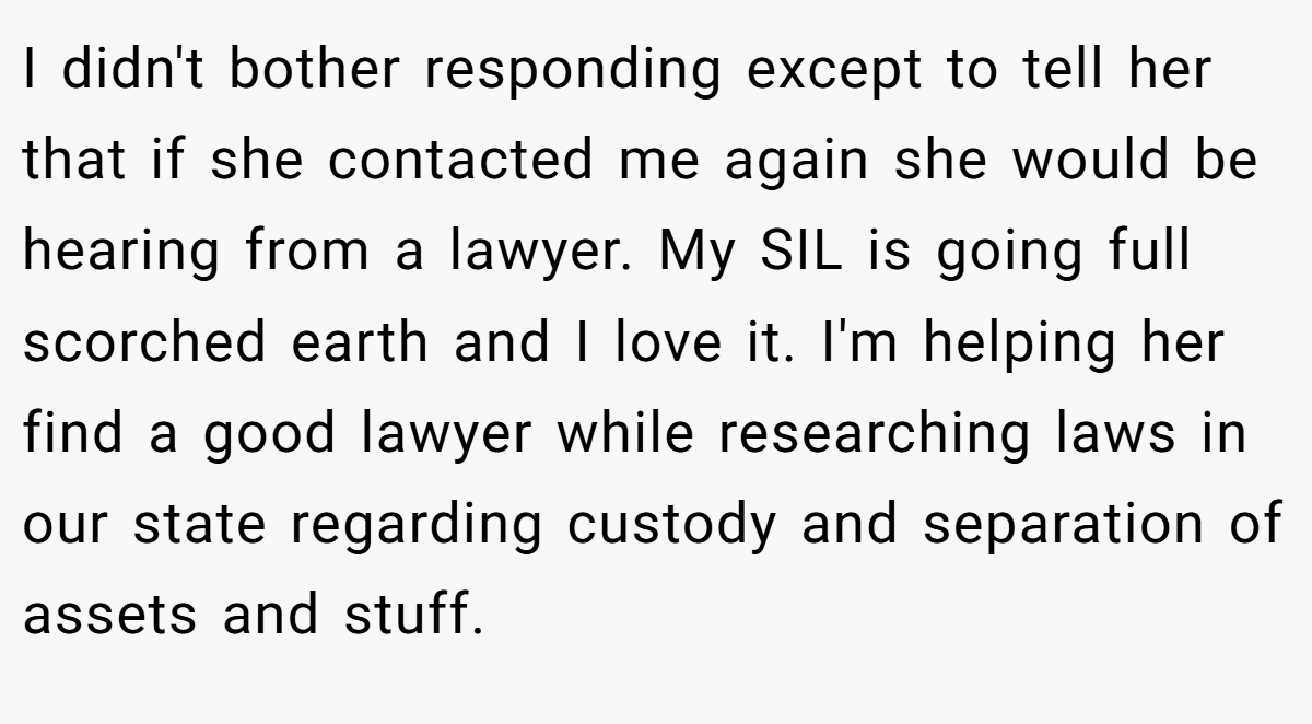 I didn't bother responding except to tell her that if she contacted me again she would be hearing from a lawyer. My SIL is going full scorched earth and I love it. I'm helping her find a good lawyer while researching laws in our state regarding custody and separation of assets and stuff.