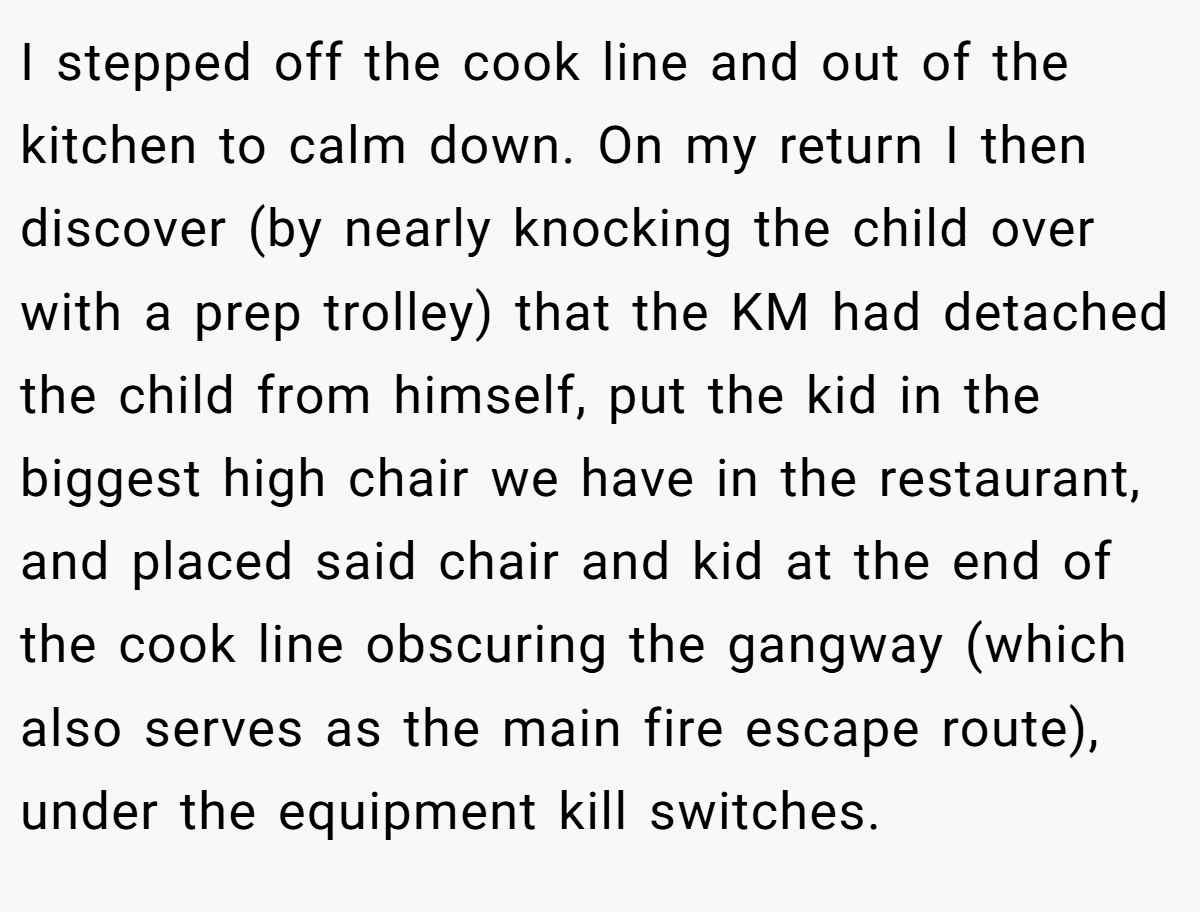 I stepped off the cook line and out of the kitchen to calm down. On my return I then discover (by nearly knocking the child over with a prep trolley) that the KM had detached the child from himself, put the kid in the biggest high chair we have in the restaurant, and placed said chair and kid at the end of the cook line obscuring the gangway (which also serves as the main fire escape route), under the equipment kill switches.