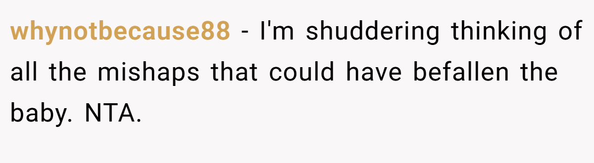 whynotbecause88 − I'm shuddering thinking of all the mishaps that could have befallen the baby. NTA.