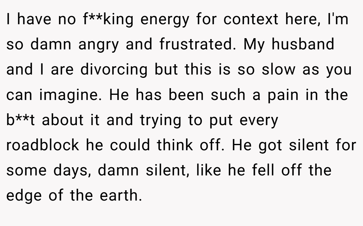 I have no f**king energy for context here, I'm so damn angry and frustrated. My husband and I are divorcing but this is so slow as you can imagine. He has been such a pain in the b**t about it and trying to put every roadblock he could think off. He got silent for some days, damn silent, like he fell off the edge of the earth.