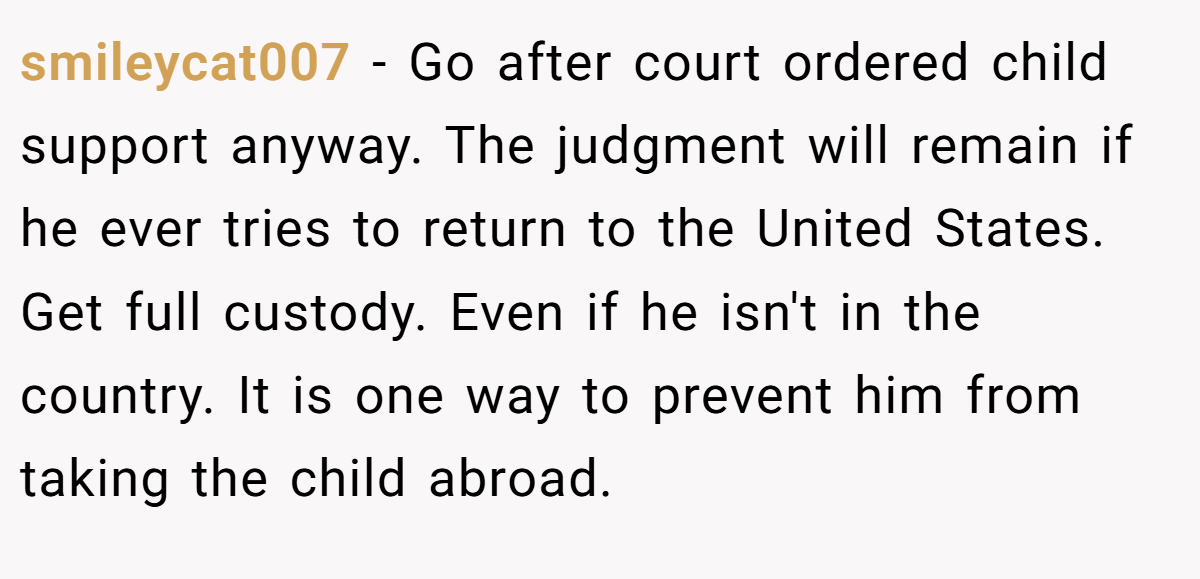 smileycat007 − Go after court ordered child support anyway. The judgment will remain if he ever tries to return to the United States. Get full custody. Even if he isn't in the country. It is one way to prevent him from taking the child abroad.