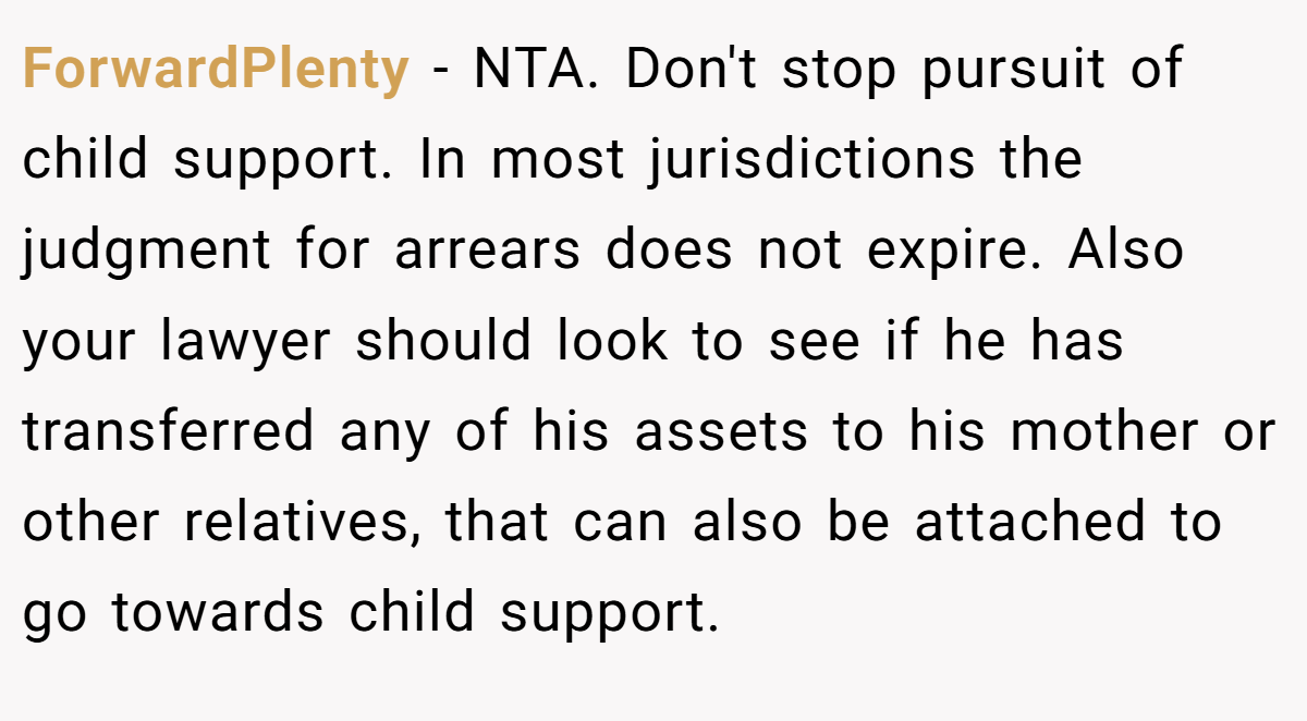 ForwardPlenty − NTA. Don't stop pursuit of child support. In most jurisdictions the judgment for arrears does not expire. Also your lawyer should look to see if he has transferred any of his assets to his mother or other relatives, that can also be attached to go towards child support.