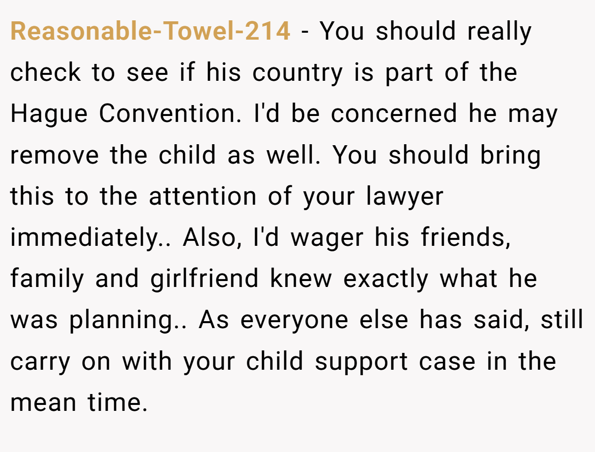 Reasonable-Towel-214 − You should really check to see if his country is part of the Hague Convention. I'd be concerned he may remove the child as well. You should bring this to the attention of your lawyer immediately.. Also, I'd wager his friends, family and girlfriend knew exactly what he was planning.. As everyone else has said, still carry on with your child support case in the mean time.