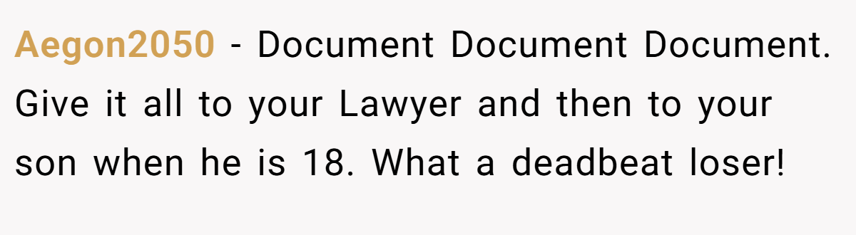 Aegon2050 − Document Document Document. Give it all to your Lawyer and then to your son when he is 18. What a deadbeat loser!