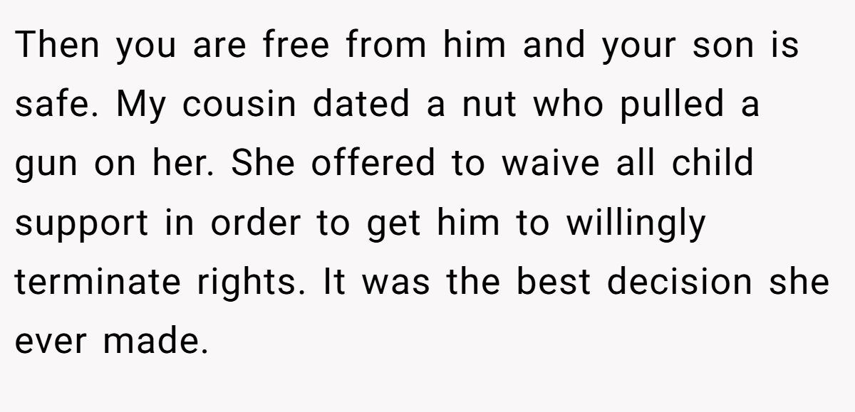 Then you are free from him and your son is safe. My cousin dated a nut who pulled a gun on her. She offered to waive all child support in order to get him to willingly terminate rights. It was the best decision she ever made.