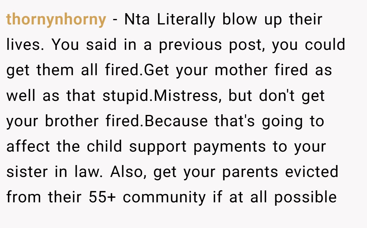 thornynhorny − Nta Literally blow up their lives. You said in a previous post, you could get them all fired.Get your mother fired as well as that stupid.Mistress, but don't get your brother fired.Because that's going to affect the child support payments to your sister in law. Also, get your parents evicted from their 55+ community if at all possible