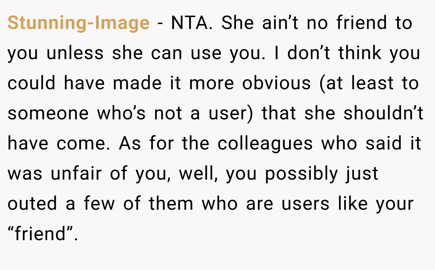 Stunning-Image − NTA. She ain’t no friend to you unless she can use you. I don’t think you could have made it more obvious (at least to someone who’s not a user) that she shouldn’t have come. As for the colleagues who said it was unfair of you, well, you possibly just outed a few of them who are users like your “friend”.