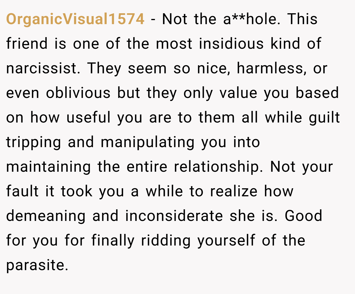 OrganicVisual1574 − Not the a**hole. This friend is one of the most insidious kind of narcissist. They seem so nice, harmless, or even oblivious but they only value you based on how useful you are to them all while guilt tripping and manipulating you into maintaining the entire relationship. Not your fault it took you a while to realize how demeaning and inconsiderate she is. Good for you for finally ridding yourself of the parasite.