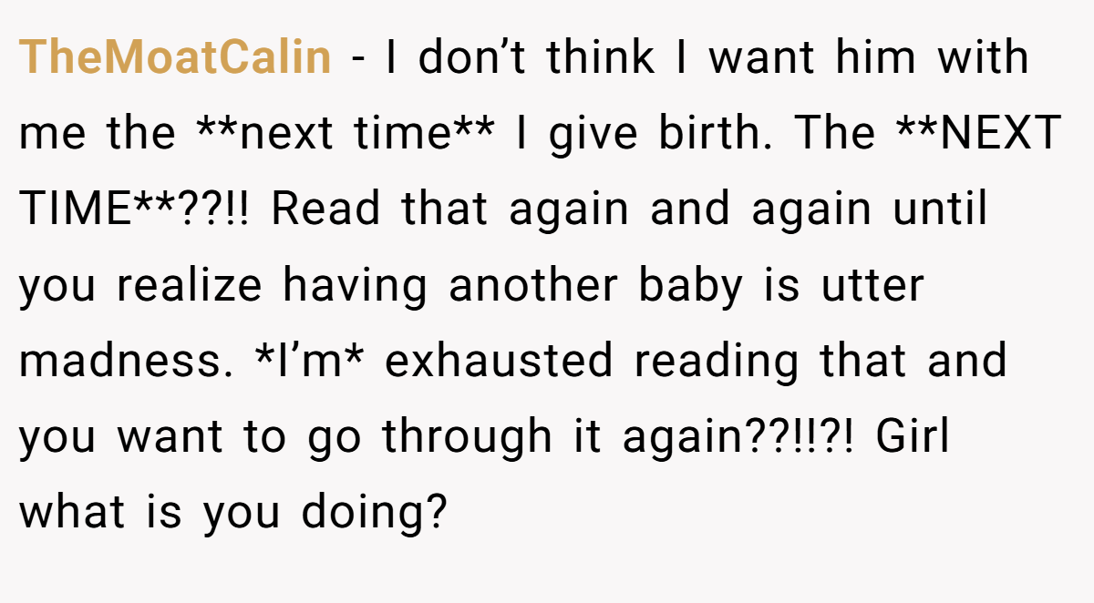 TheMoatCalin − I don’t think I want him with me the **next time** I give birth. The **NEXT TIME**??!! Read that again and again until you realize having another baby is utter madness. *I’m* exhausted reading that and you want to go through it again??!!?! Girl what is you doing?