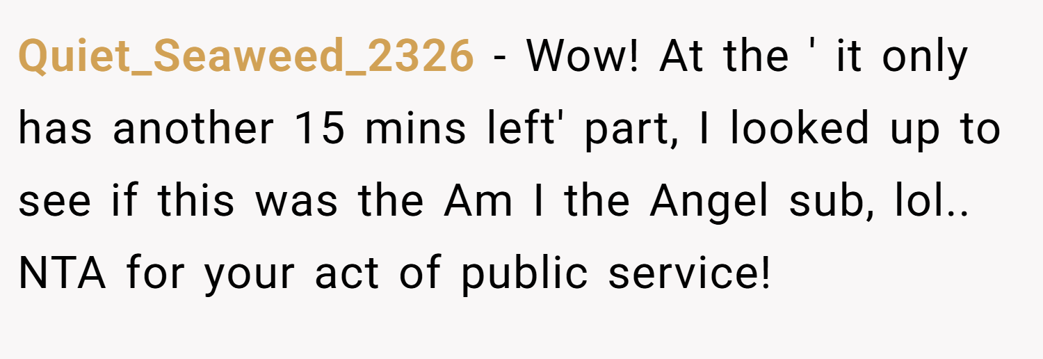 Quiet_Seaweed_2326 − Wow! At the ' it only has another 15 mins left' part, I looked up to see if this was the Am I the Angel sub, lol.. NTA for your act of public service!