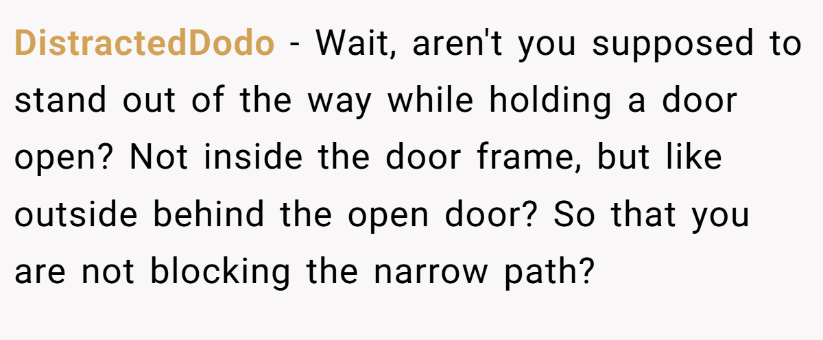 DistractedDodo − Wait, aren't you supposed to stand out of the way while holding a door open? Not inside the door frame, but like outside behind the open door? So that you are not blocking the narrow path?