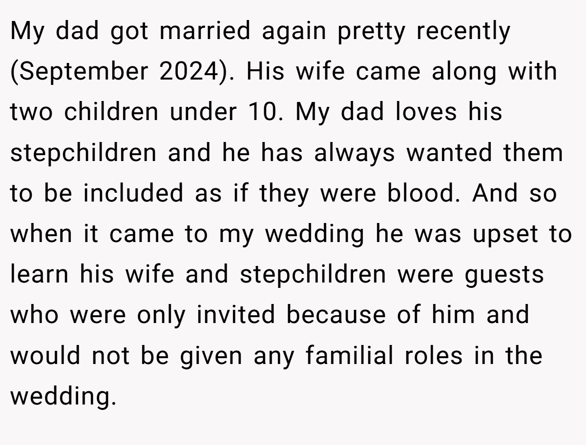 My dad got married again pretty recently (September 2024). His wife came along with two children under 10. My dad loves his stepchildren and he has always wanted them to be included as if they were blood. And so when it came to my wedding he was upset to learn his wife and stepchildren were guests who were only invited because of him and would not be given any familial roles in the wedding.