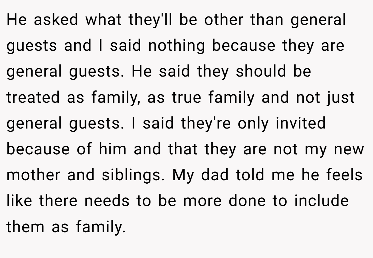 He asked what they'll be other than general guests and I said nothing because they are general guests. He said they should be treated as family, as true family and not just general guests. I said they're only invited because of him and that they are not my new mother and siblings. My dad told me he feels like there needs to be more done to include them as family.