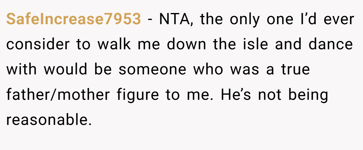 SafeIncrease7953 − NTA, the only one I’d ever consider to walk me down the isle and dance with would be someone who was a true father/mother figure to me. He’s not being reasonable.
