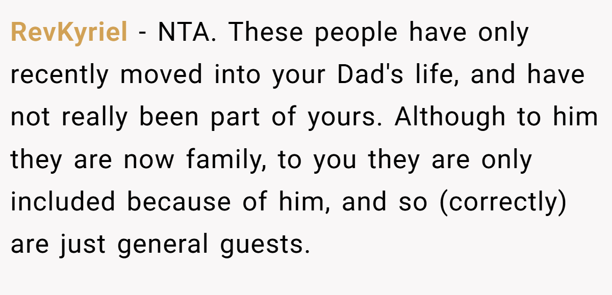 RevKyriel − NTA. These people have only recently moved into your Dad's life, and have not really been part of yours. Although to him they are now family, to you they are only included because of him, and so (correctly) are just general guests.