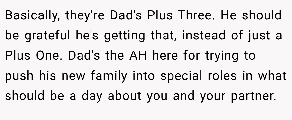 Basically, they're Dad's Plus Three. He should be grateful he's getting that, instead of just a Plus One. Dad's the AH here for trying to push his new family into special roles in what should be a day about you and your partner.
