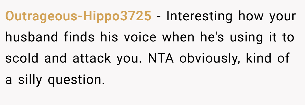 Outrageous-Hippo3725 − Interesting how your husband finds his voice when he's using it to scold and attack you. NTA obviously, kind of a silly question.