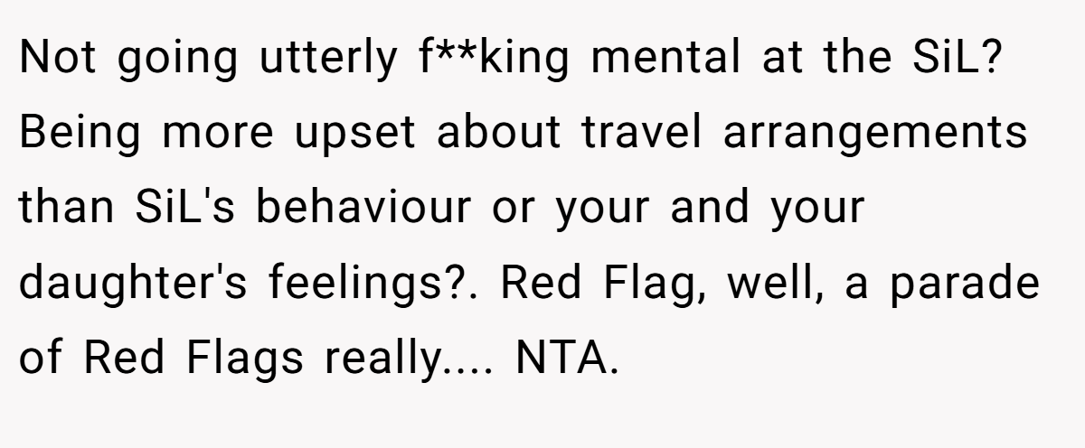 Not going utterly f**king mental at the SiL? Being more upset about travel arrangements than SiL's behaviour or your and your daughter's feelings?. Red Flag, well, a parade of Red Flags really.... NTA.