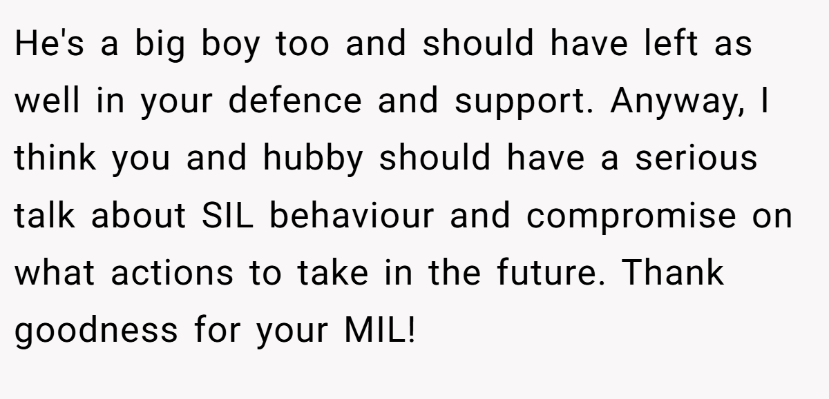 He's a big boy too and should have left as well in your defence and support. Anyway, I think you and hubby should have a serious talk about SIL behaviour and compromise on what actions to take in the future. Thank goodness for your MIL!