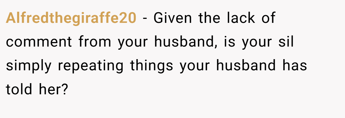 Alfredthegiraffe20 − Given the lack of comment from your husband, is your sil simply repeating things your husband has told her?