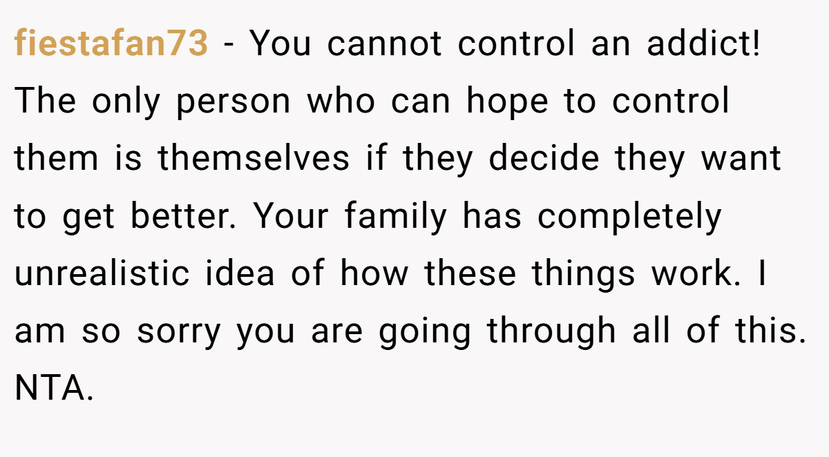 fiestafan73 − You cannot control an addict! The only person who can hope to control them is themselves if they decide they want to get better. Your family has completely unrealistic idea of how these things work. I am so sorry you are going through all of this. NTA.