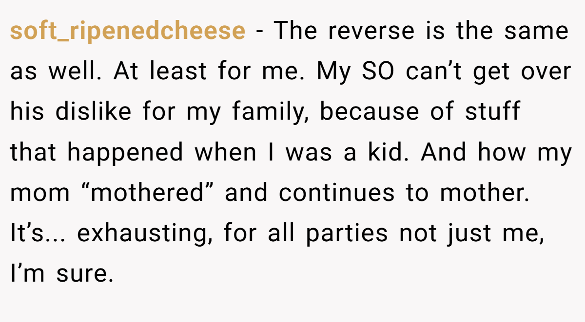 soft_ripenedcheese − The reverse is the same as well. At least for me. My SO can’t get over his dislike for my family, because of stuff that happened when I was a kid. And how my mom “mothered” and continues to mother. It’s... exhausting, for all parties not just me, I’m sure.