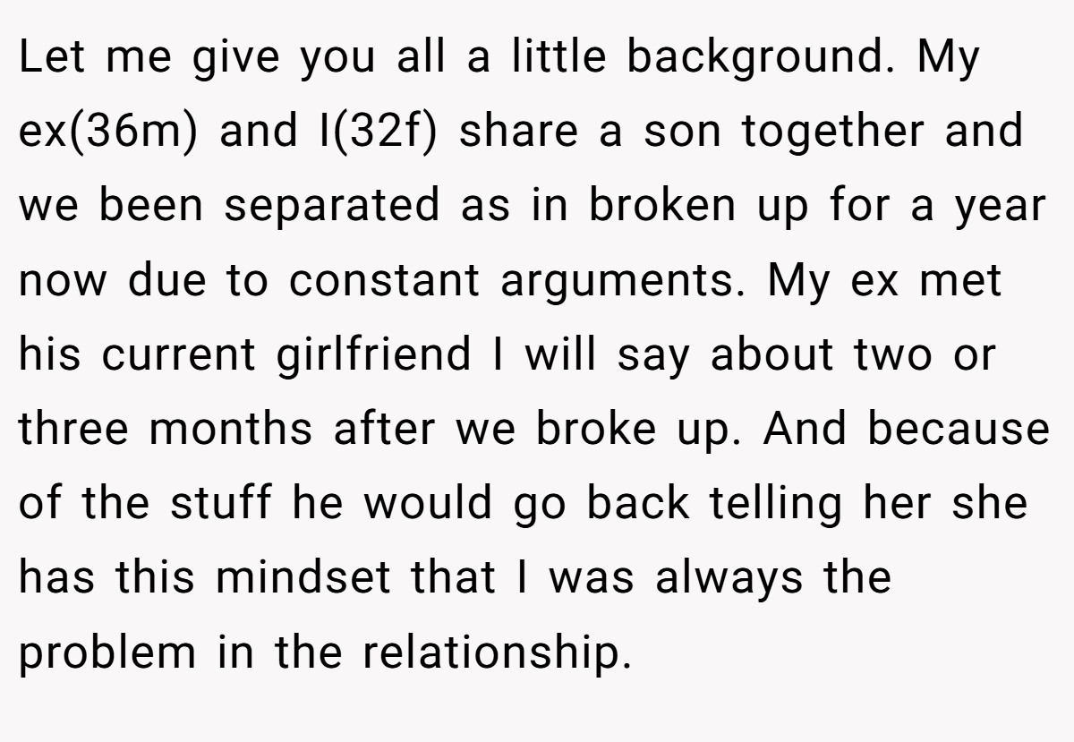 Let me give you all a little background. My ex(36m) and I(32f) share a son together and we been separated as in broken up for a year now due to constant arguments. My ex met his current girlfriend I will say about two or three months after we broke up. And because of the stuff he would go back telling her she has this mindset that I was always the problem in the relationship.